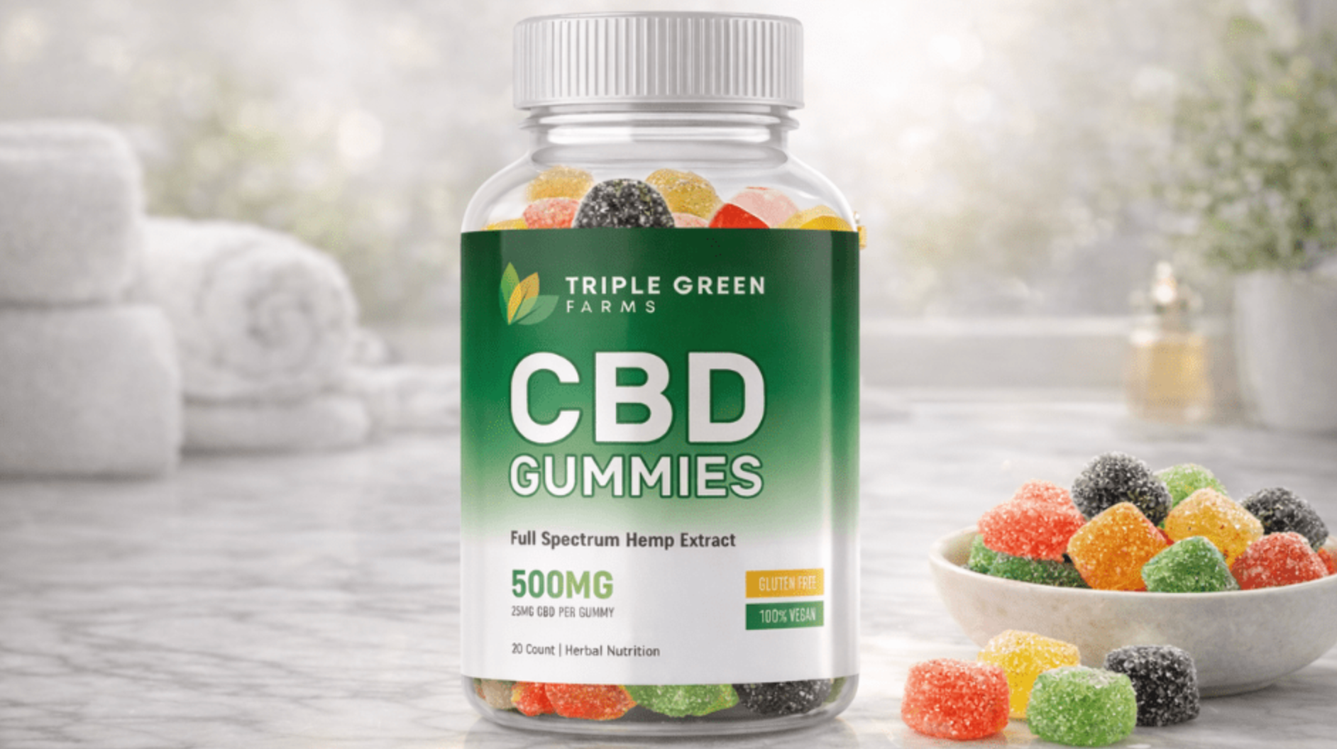 Triple Green Farms CBD Gummies 500MG bottle with full spectrum hemp extract