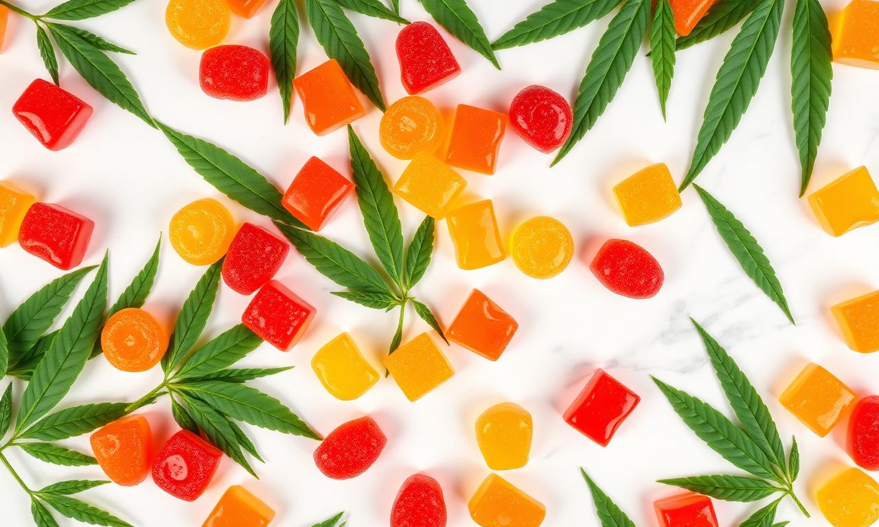 Colorful Triple Green Farms CBD gummies with hemp leaves on marble